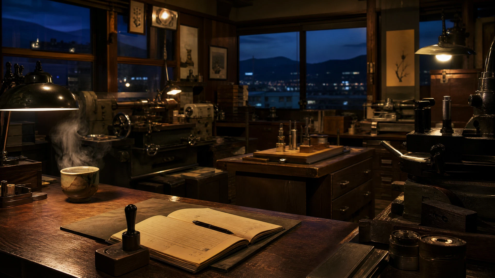 Inside a well-kept Japanese workshop at dusk