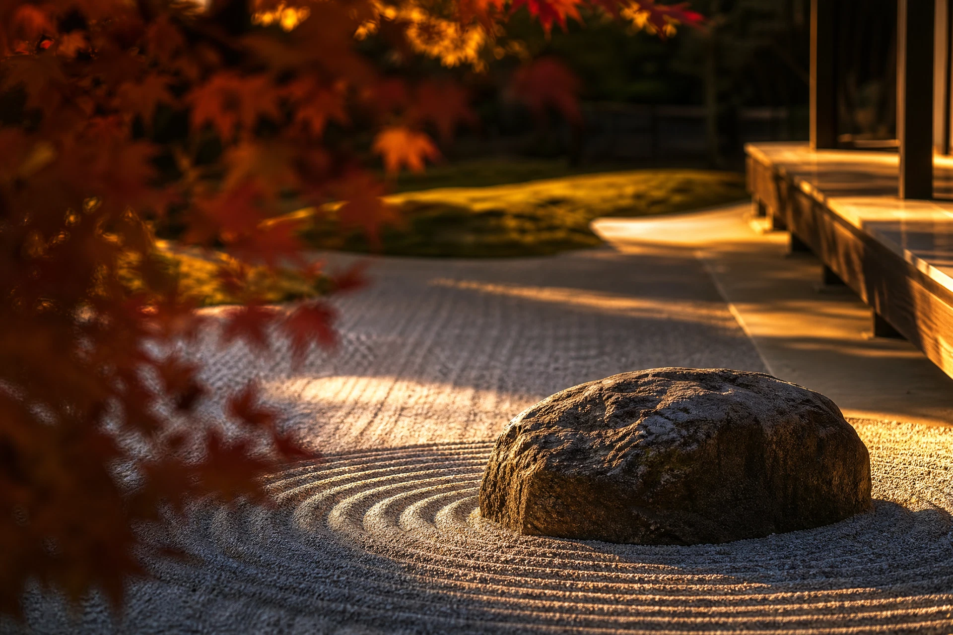 Raked gravel detail of a Japanese zen garden